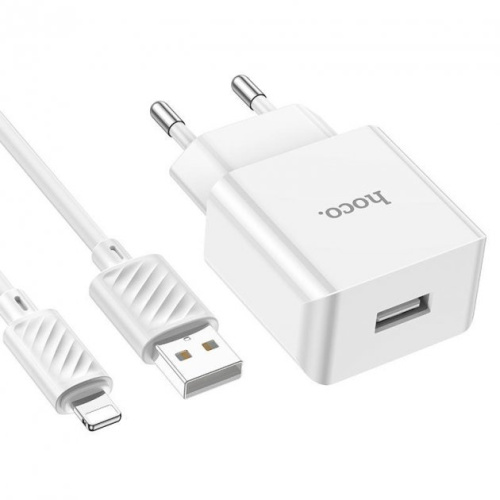 Мережева зарядка Hoco C106A + USB Lightning 2.1A white - UkrApple