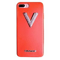 Чехол накладка на iPhone Х красный, V в стразах, плотный силикон