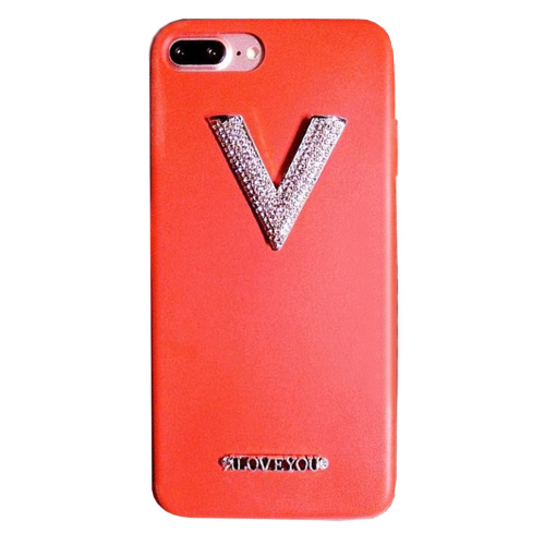 Чехол накладка на iPhone Х красный, V в стразах, плотный силикон - UkrApple