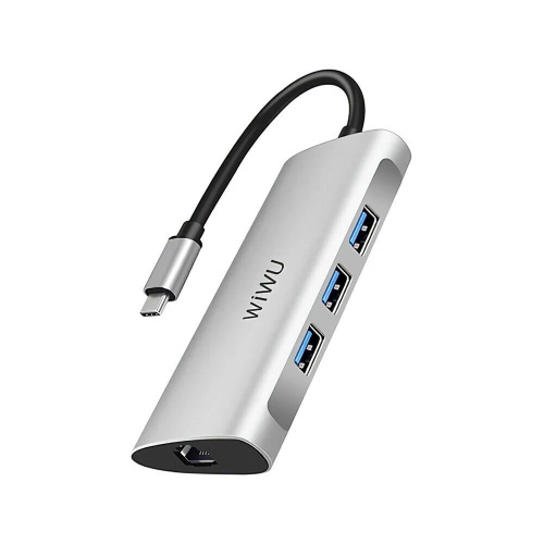 Перехідник adapter Hub Type-C 6in1 Wiwu Alpha LAN, SD, MicroSD, 3*USB 3.0 silver A631STR: фото 3 - UkrApple
