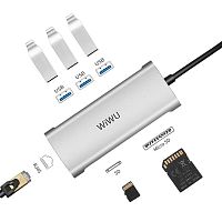 Перехідник adapter Hub Type-C 6in1 Wiwu Alpha LAN, SD, MicroSD, 3*USB 3.0 silver A631STR