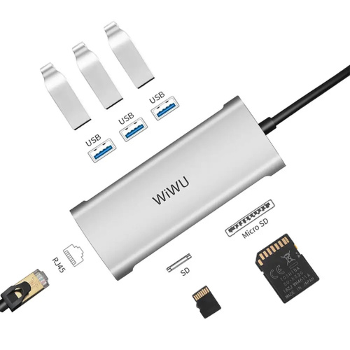 Перехідник adapter Hub Type-C 6in1 Wiwu Alpha LAN, SD, MicroSD, 3*USB 3.0 silver A631STR - UkrApple