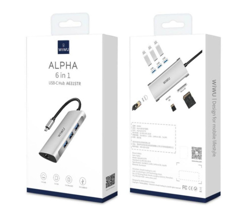 Перехідник adapter Hub Type-C 6in1 Wiwu Alpha LAN, SD, MicroSD, 3*USB 3.0 silver A631STR: фото 2 - UkrApple